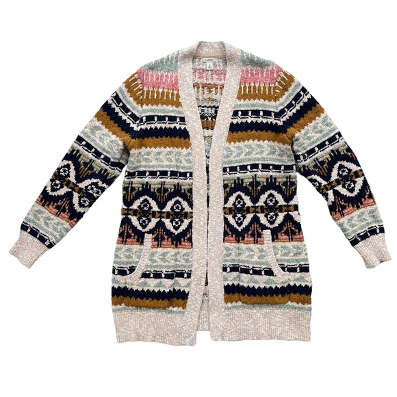 L.L. Bean Sweaters - L.L. Bean Womens Medium Oatmeal Marl Fair Isle Cotton Ragg Sweater Open Cardigan